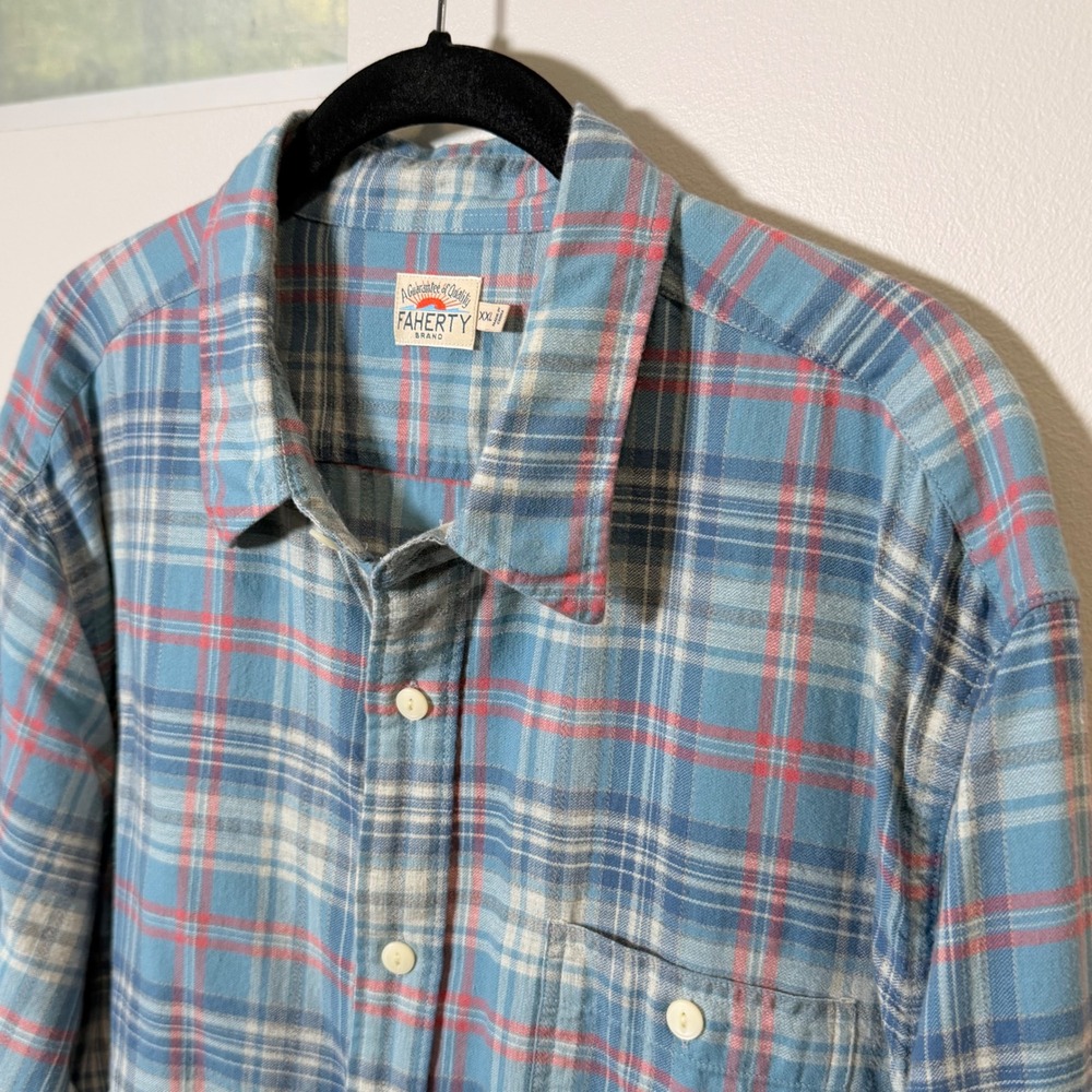 Faherty Cotton Flannel Button Down Collared Mens Shirt (XXL) Blue Lightweight - Picture 5 of 11